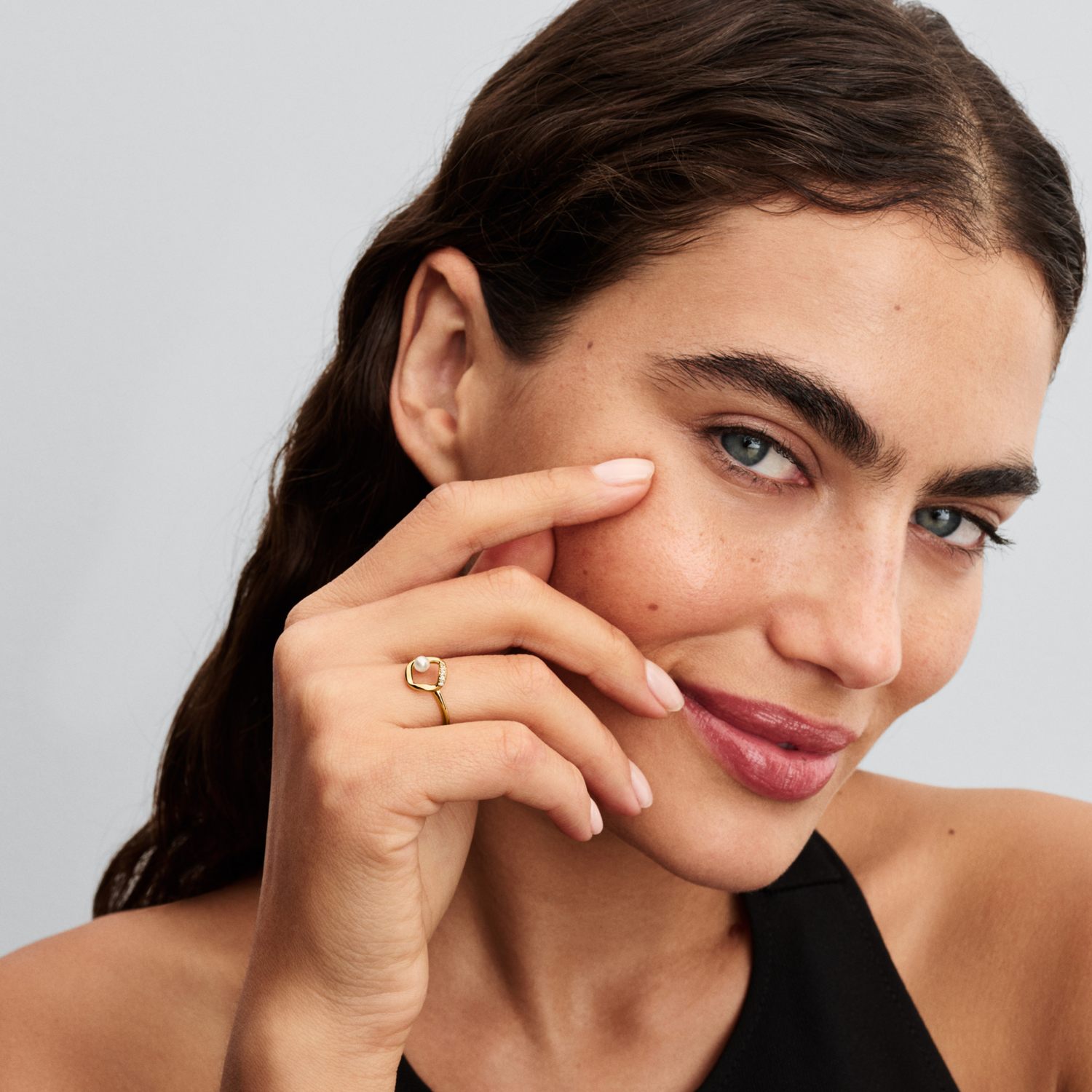 Pandora Essence Gold Plated Organically Shaped Pavé Circle & Treated Freshwater Cultured Pearl Ring 163831C01-52