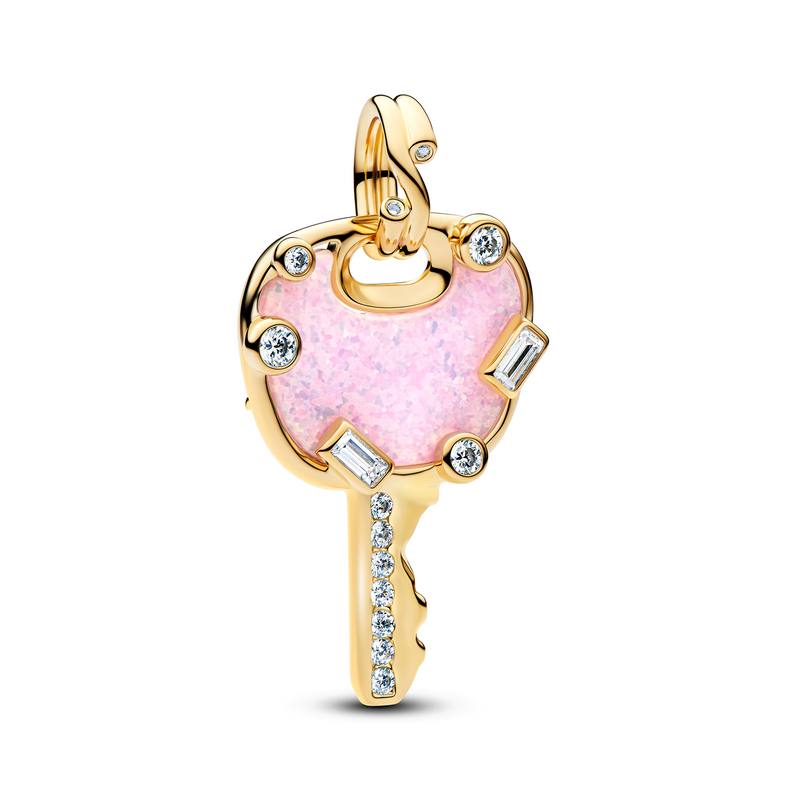 Pandora Moments Gold Plated Opal Pink Love Key Large Pendant Charm 764349C01-zoom-