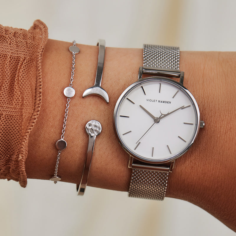 Violet Hamden Day & Night Runde Damenuhr Silberfarben und Weiß VH08001-zoom-