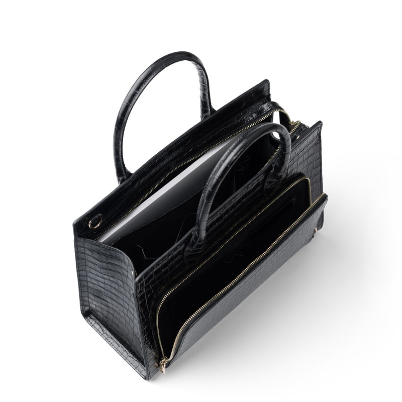 Isabel Bernard Honoré Nadine Kroko schwarze Handtasche aus Kalbsleder mit 13-Zoll-Laptopfach IB25110-201-13-zoom-