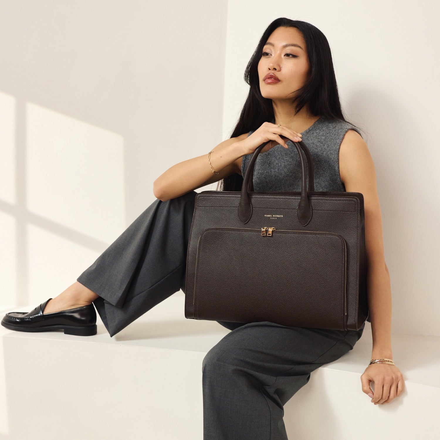 Isabel Bernard Honoré Nadine Brown Calfskin Leather Handbag with Laptop Compartment IB25087