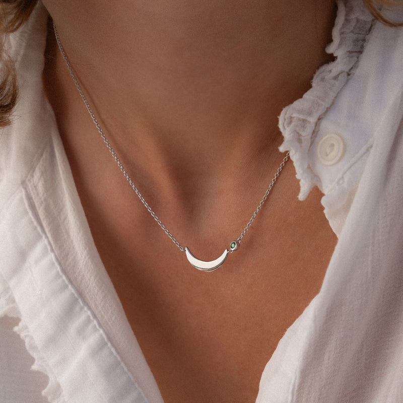 Violet Hamden Luna 925 Sterling Silberne Halskette mit Mond und Grünem Zirkonia-Stein VH340037-zoom-
