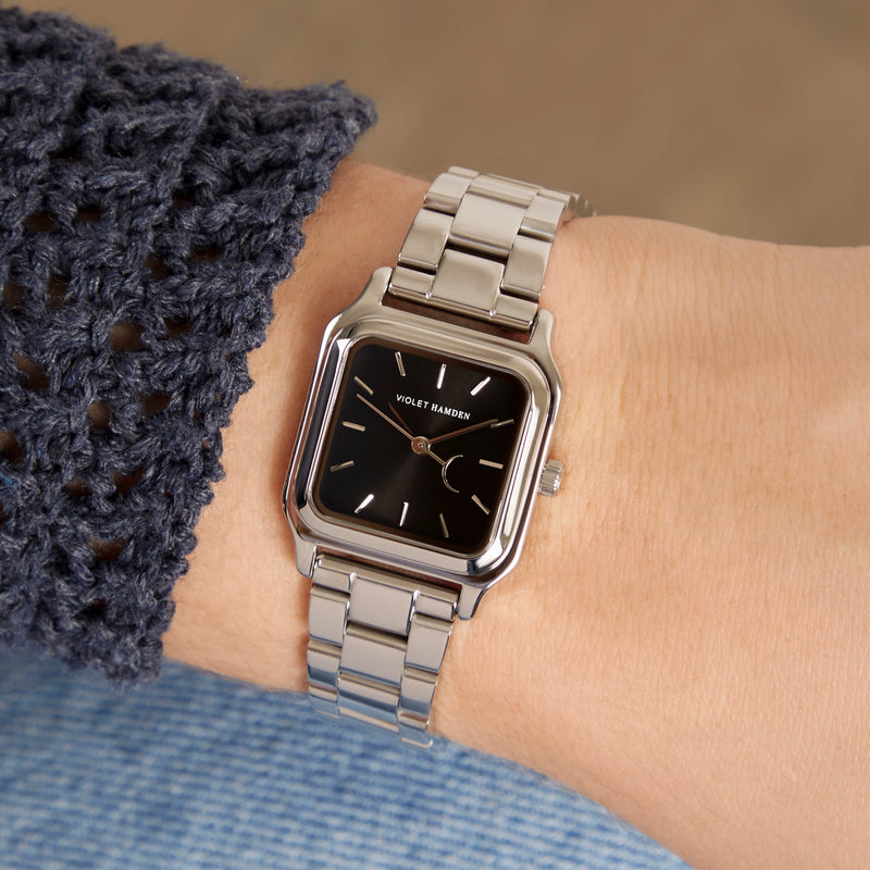 Violet Hamden Dawn Base Quadratische Damenuhr Silberfarben und Schwarz VH09042-zoom-