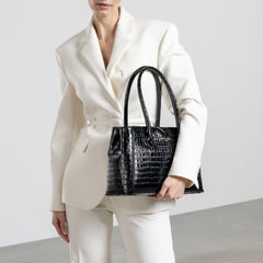 Isabel Bernard Honoré Cloe Midi Croco Zwarte Kalfsleren Handtas IB25082-201